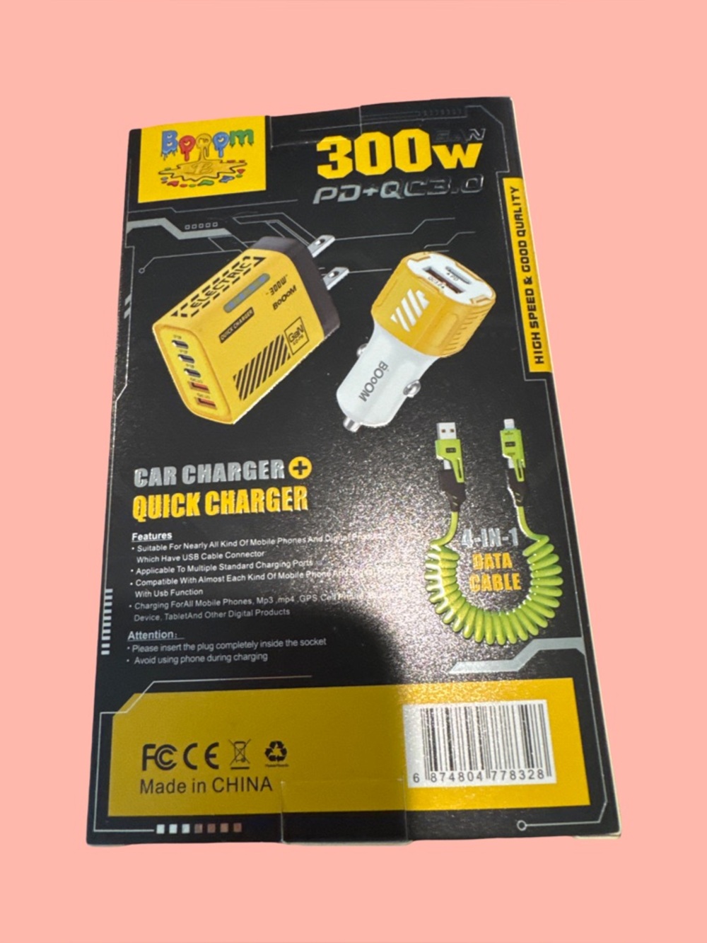 300W Yellow Car & Quick USB Charger with Coil Cable